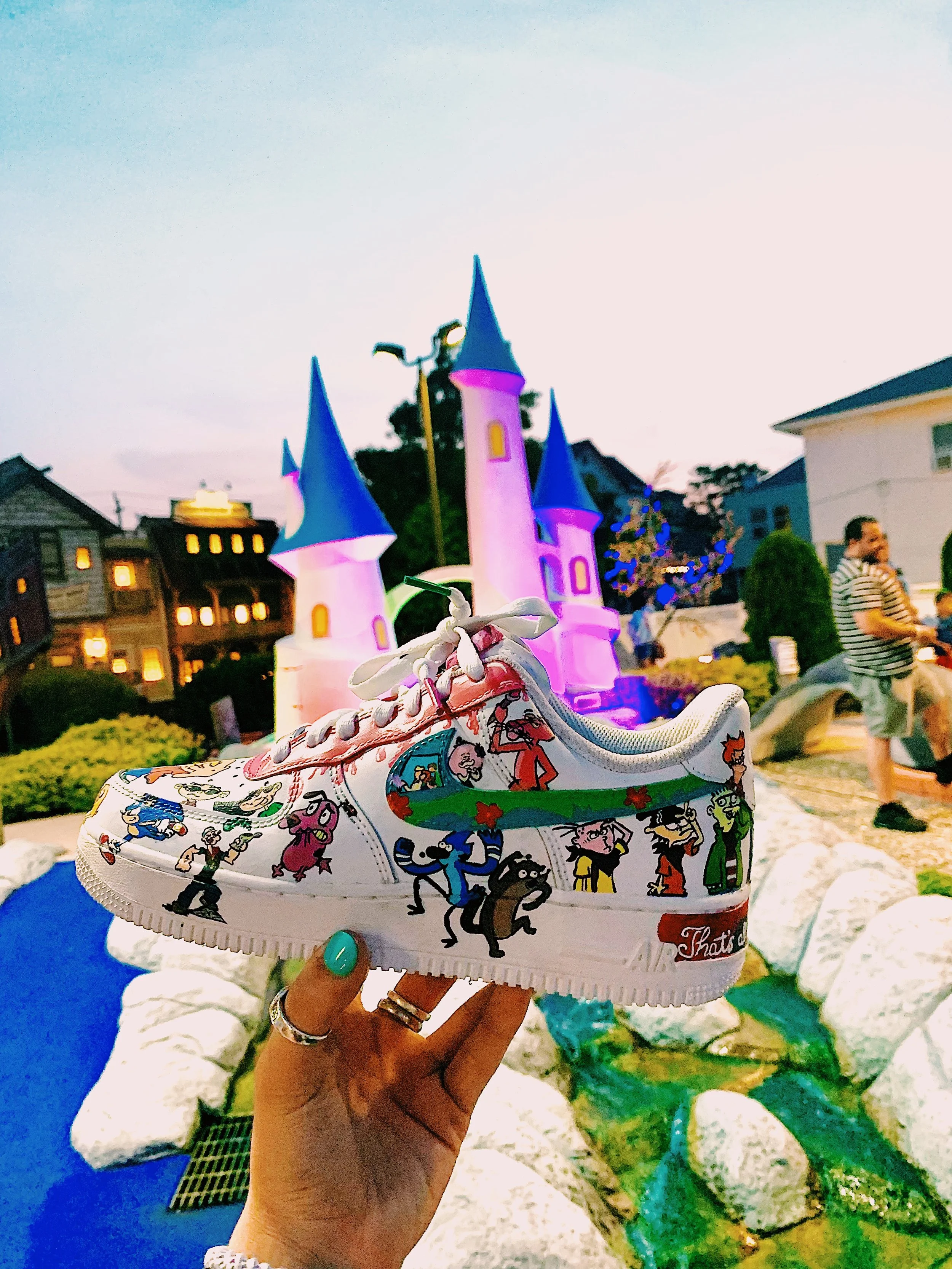 Cartoon characters painted on Nikes. Regular Show, Courage the Cowardly Dog, Sonic, Codename Kids Next Door, Popeye, Ed Edd Eddy, Looney Tunes