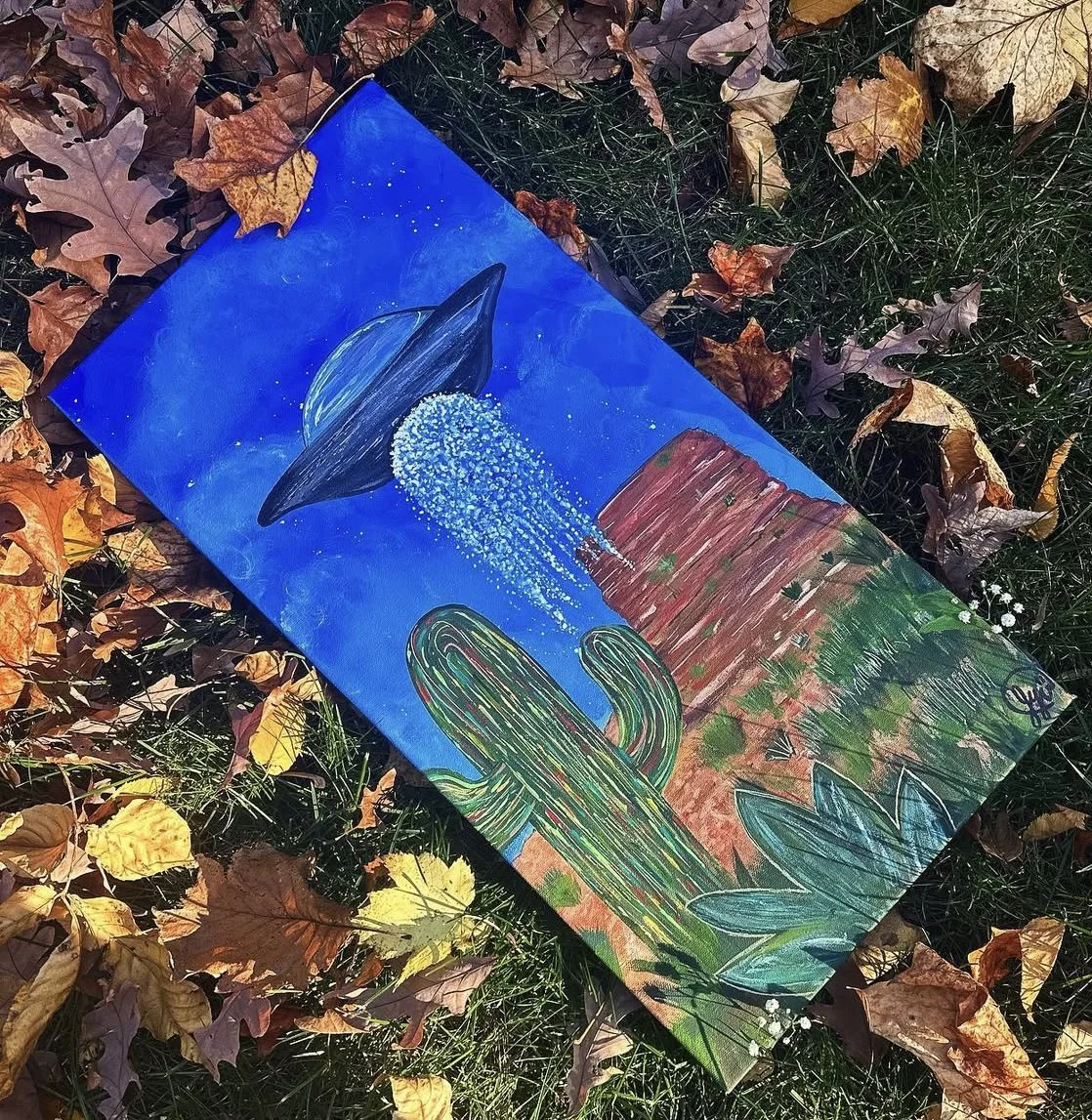 Acrylic painting I did as a gift! UFO in a desert. October 2024.