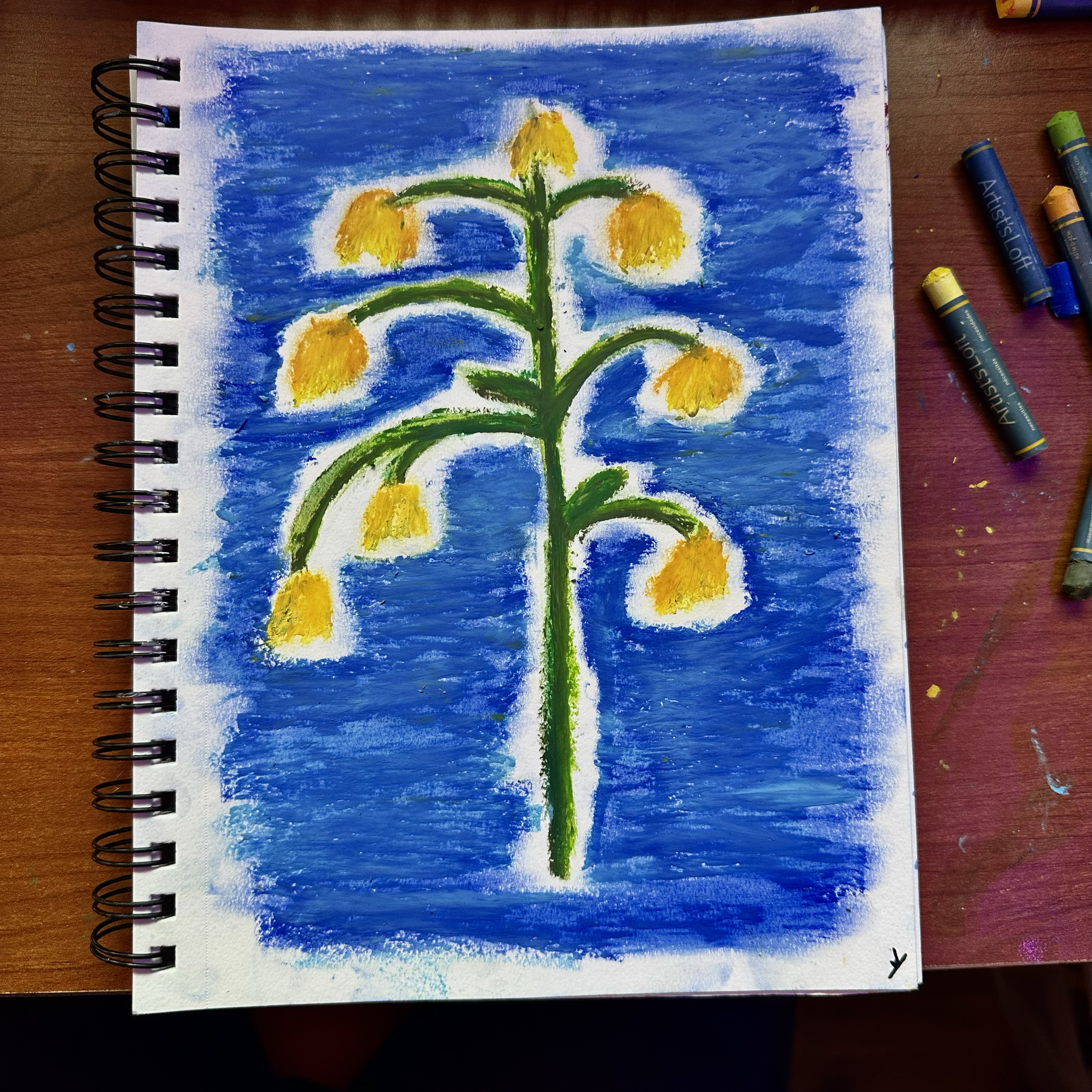Yellow Flowers - oil pastel on canvas paper. June 2023.