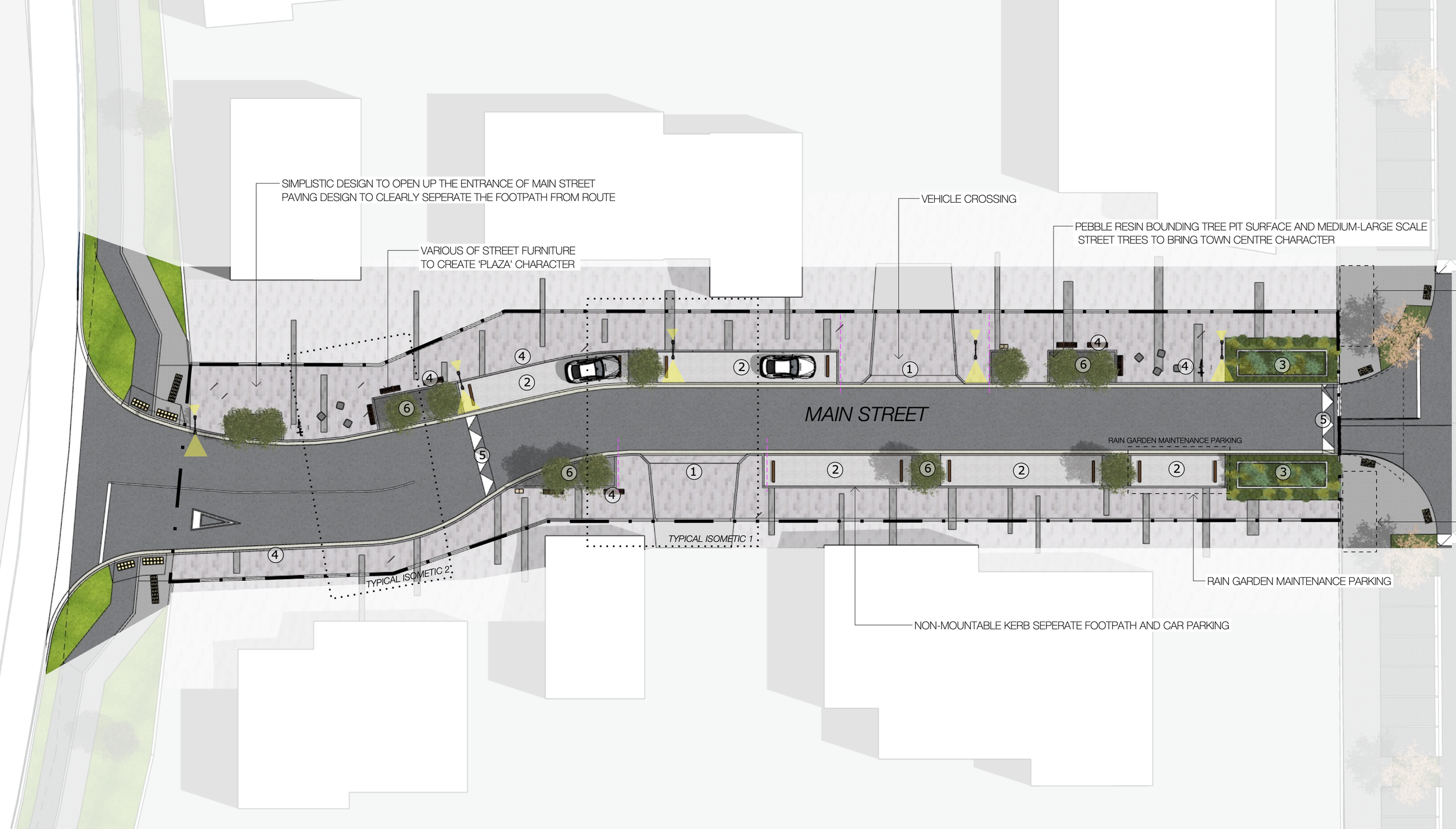 Site plan of a streetscape with designated areas for pedestrian pathways, street furniture, parking, and greenery, including trees and planters along main street.