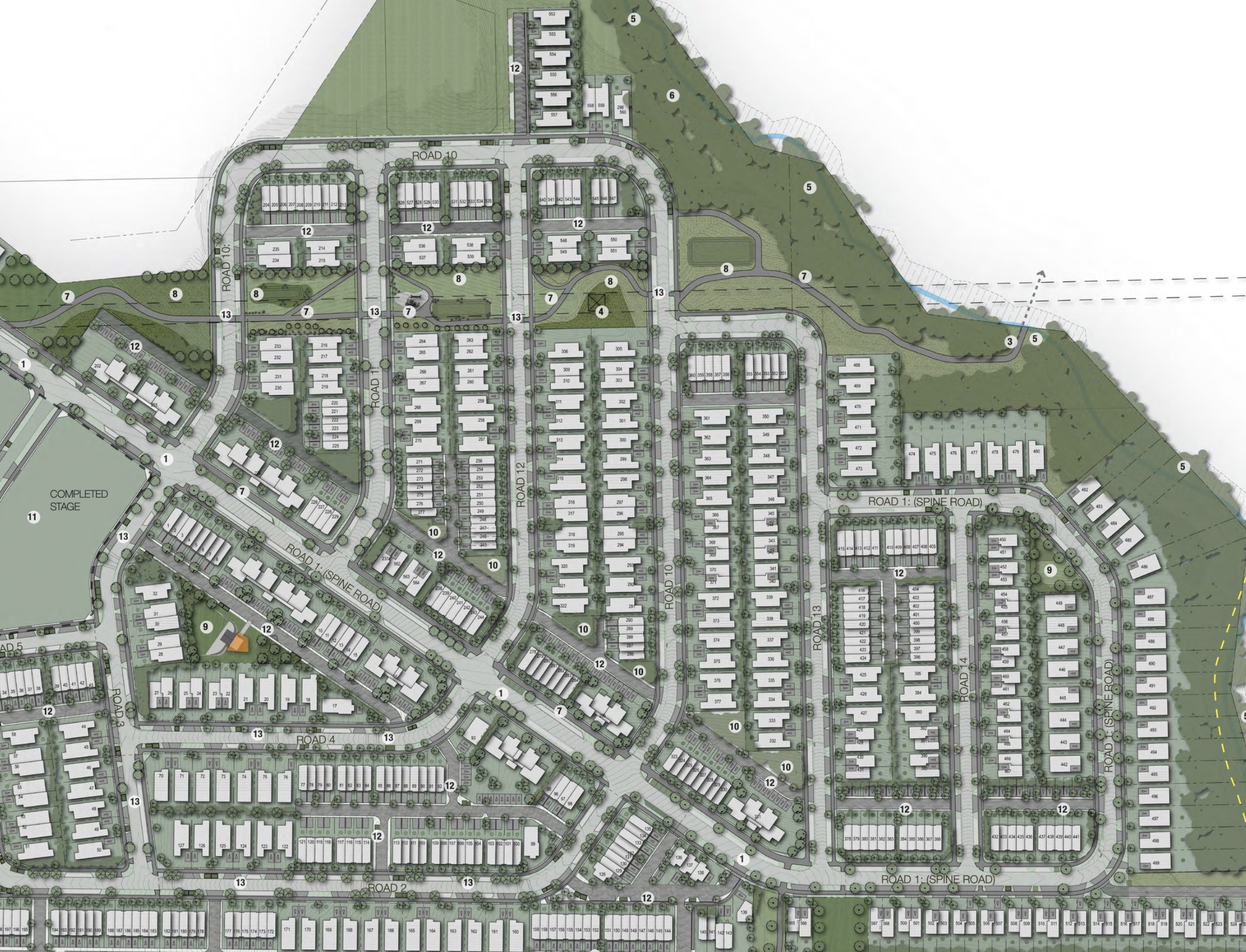 A detailed site plan or master layout map of a residential development, including streets, residential buildings, green spaces, and water features with labels and number references.