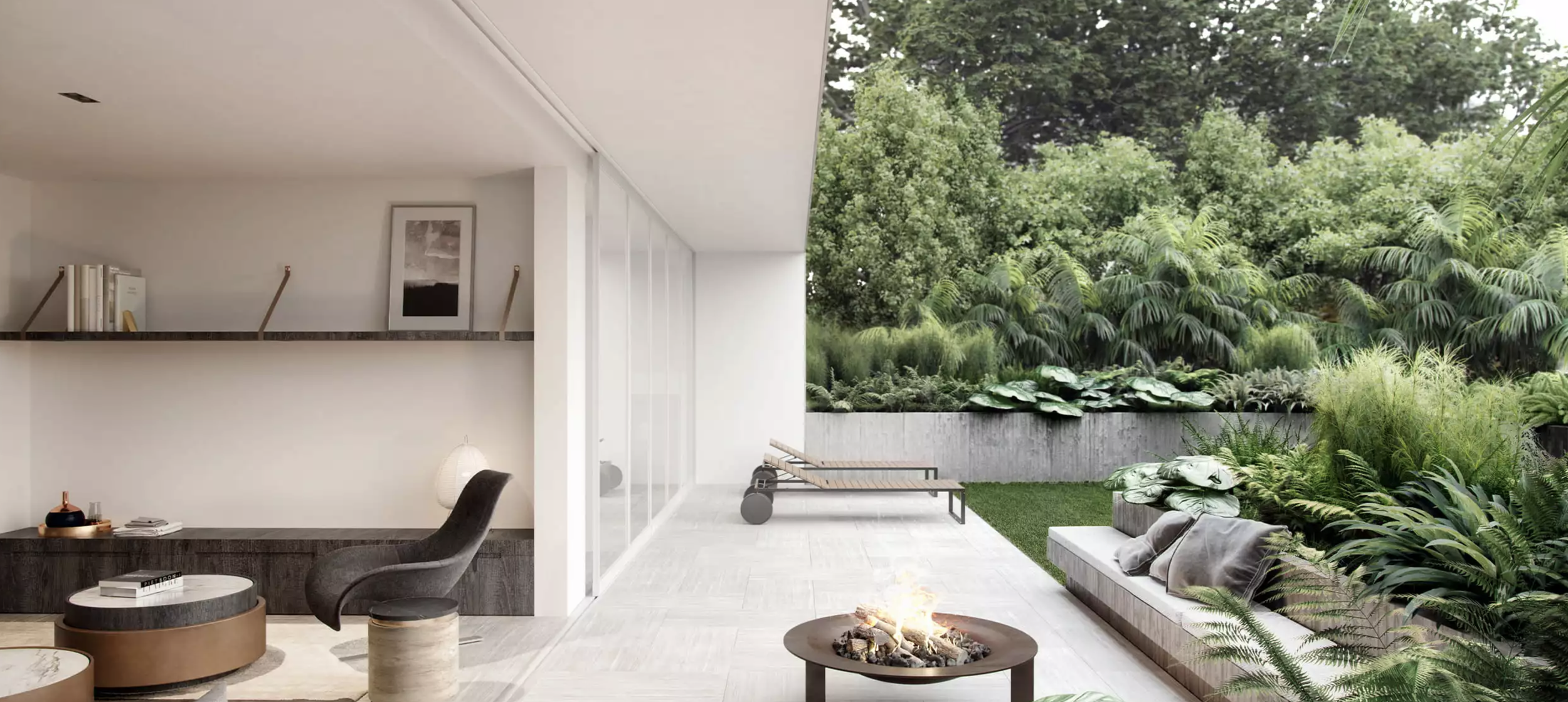 Modern indoor living space with open sliding glass doors leading to a lush outdoor garden and patio with lounge chairs and a small fire pit.