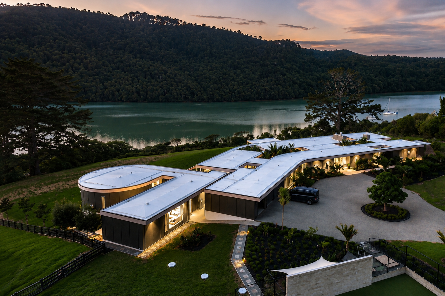 Modern house with curved and flat white roofs, large windows, and surrounding landscaping, overlooking a lake with boats, mountains, and a sunset sky.