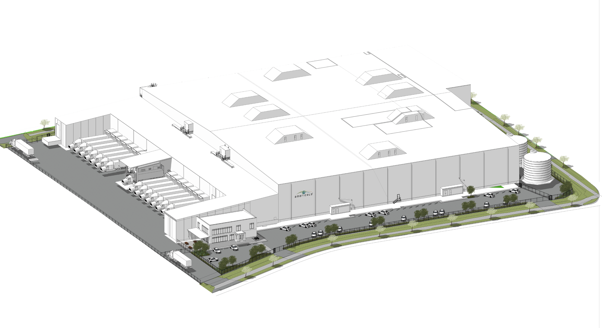 A large warehouse building with a parking lot and loading docks, surrounded by greenery and trees, branded with the Americold logo.