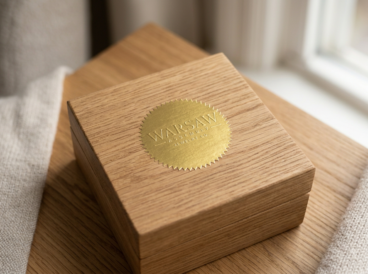 A wooden jewelry box with a gold label that reads 'Warsaw Assembly Jewelry Co.' sitting on a wooden surface with light-colored fabric nearby.