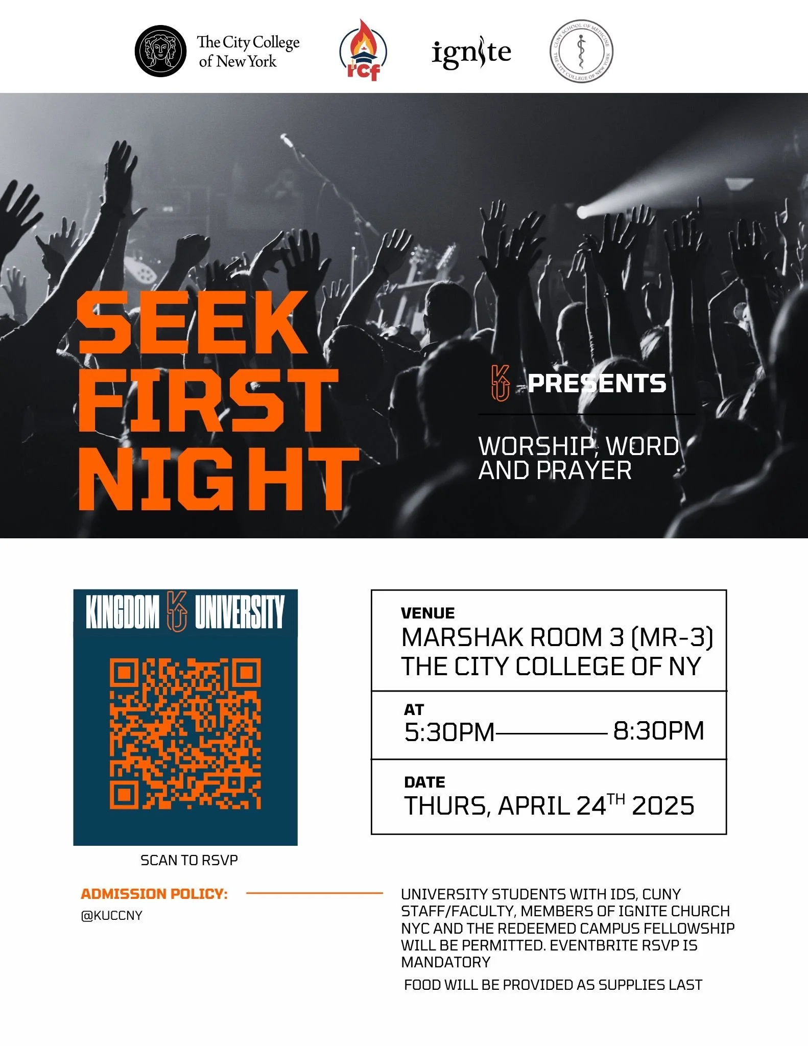 A flyer for a previous Kingdom University event, "Seek First Night", that took place on April 24th, 2025.