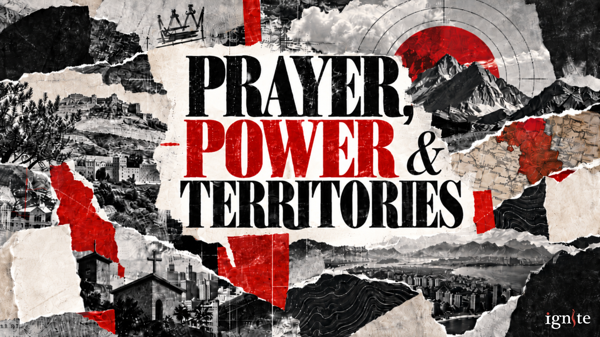 A collage-style graphic featuring the words 'Prayer, Power & Territories' over a torn map of the United States, with images of mountains, cityscapes, and religious symbols.