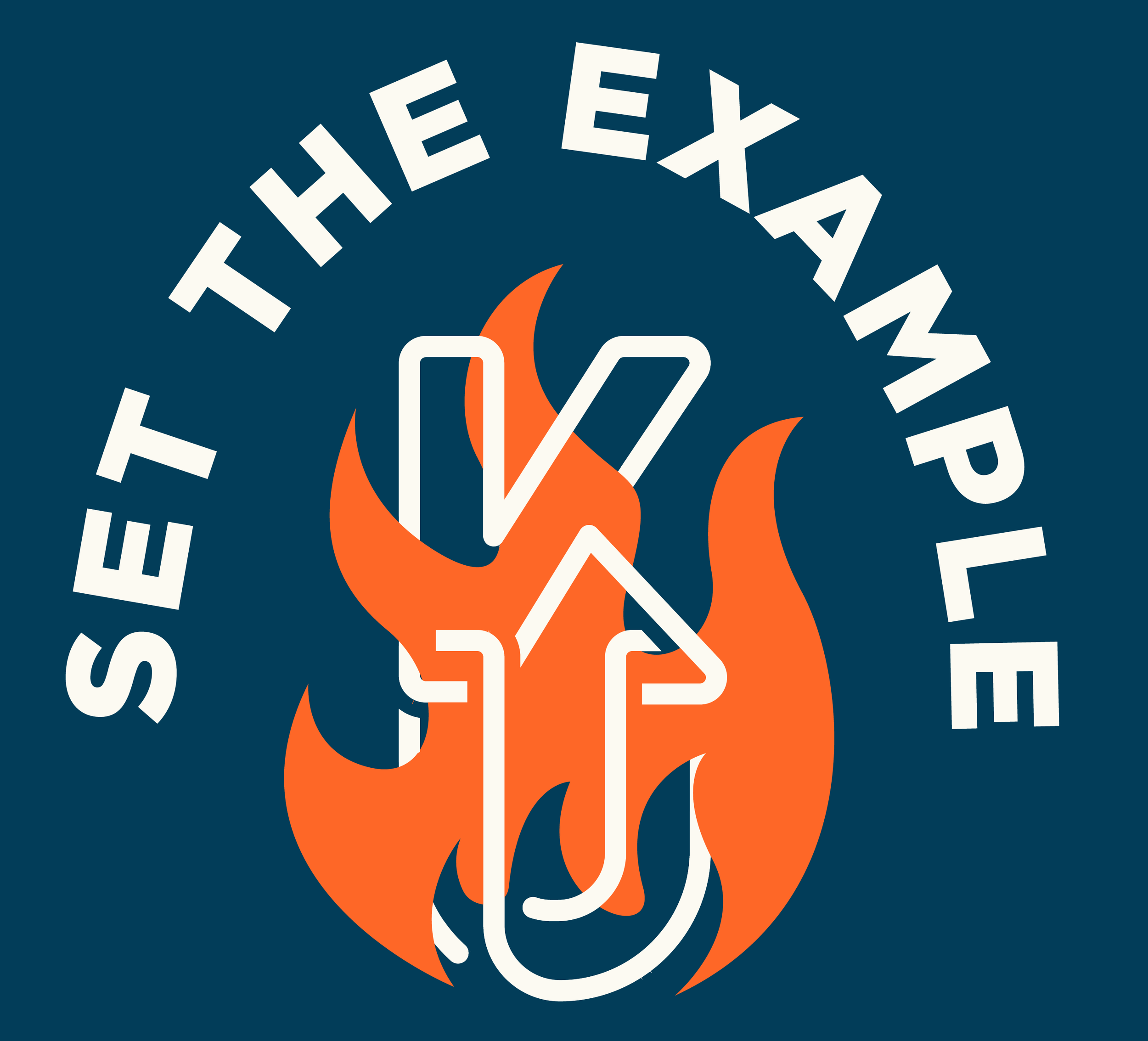 "SET THE EXAMPLE" in bold capital letters and a graphic of a flame in orange behind the text, all set against a dark blue background.