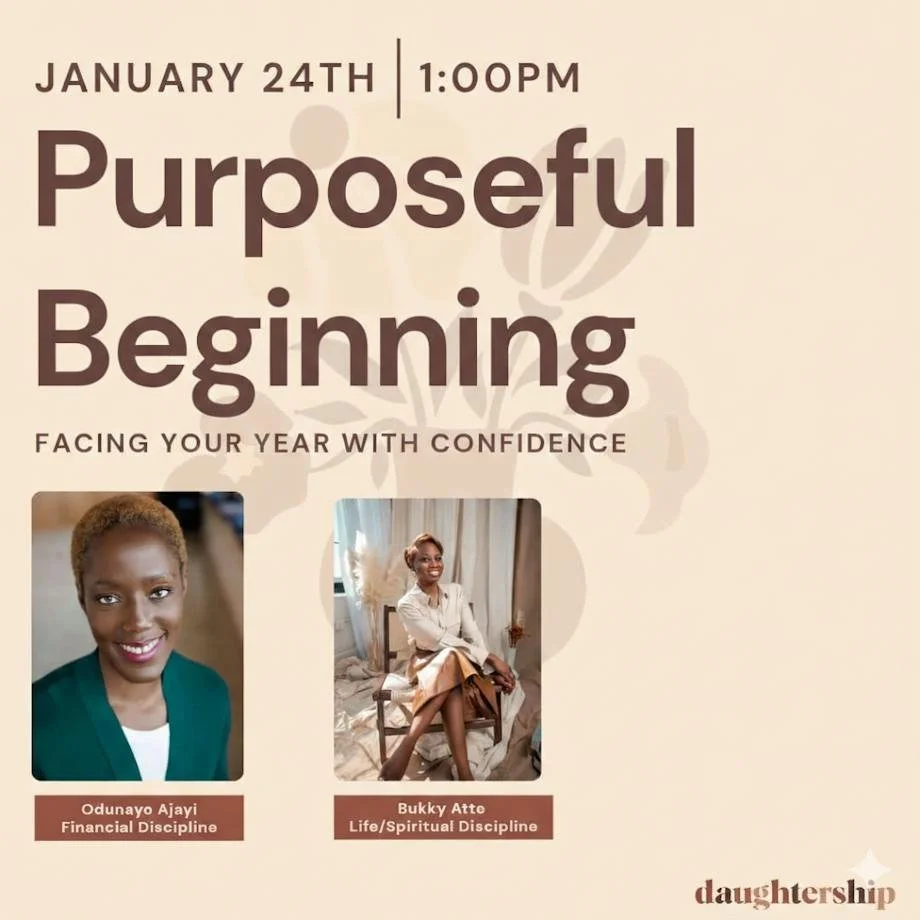 Event poster for January 24th at 1:00 PM titled "Purposeful Beginning" with the subtitle "Facing Your Year with Confidence."