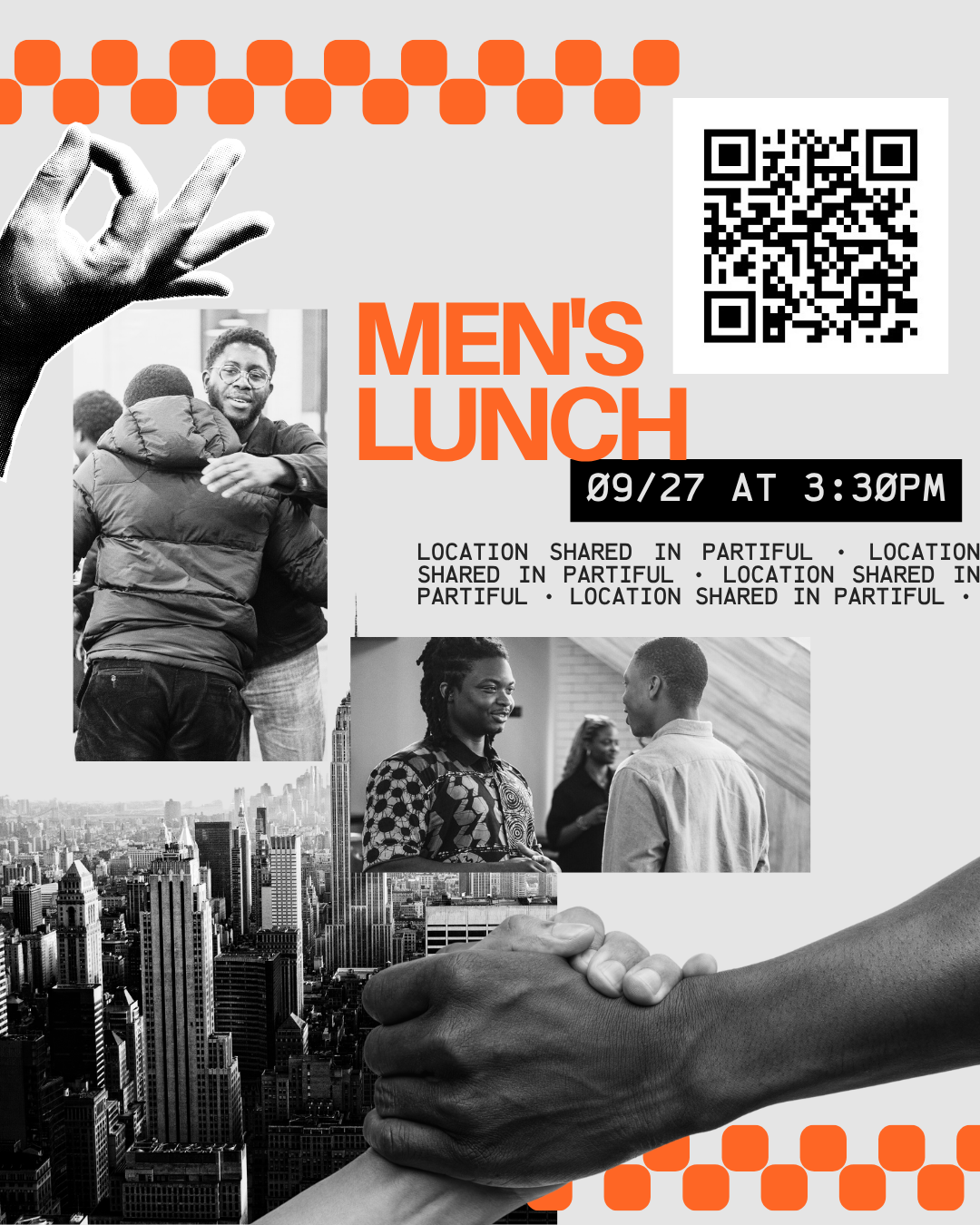 Flyer for the Anchor Men's September lunch event, scheduled for September 27 at 3:30 PM, with a QR code in the top right corner.