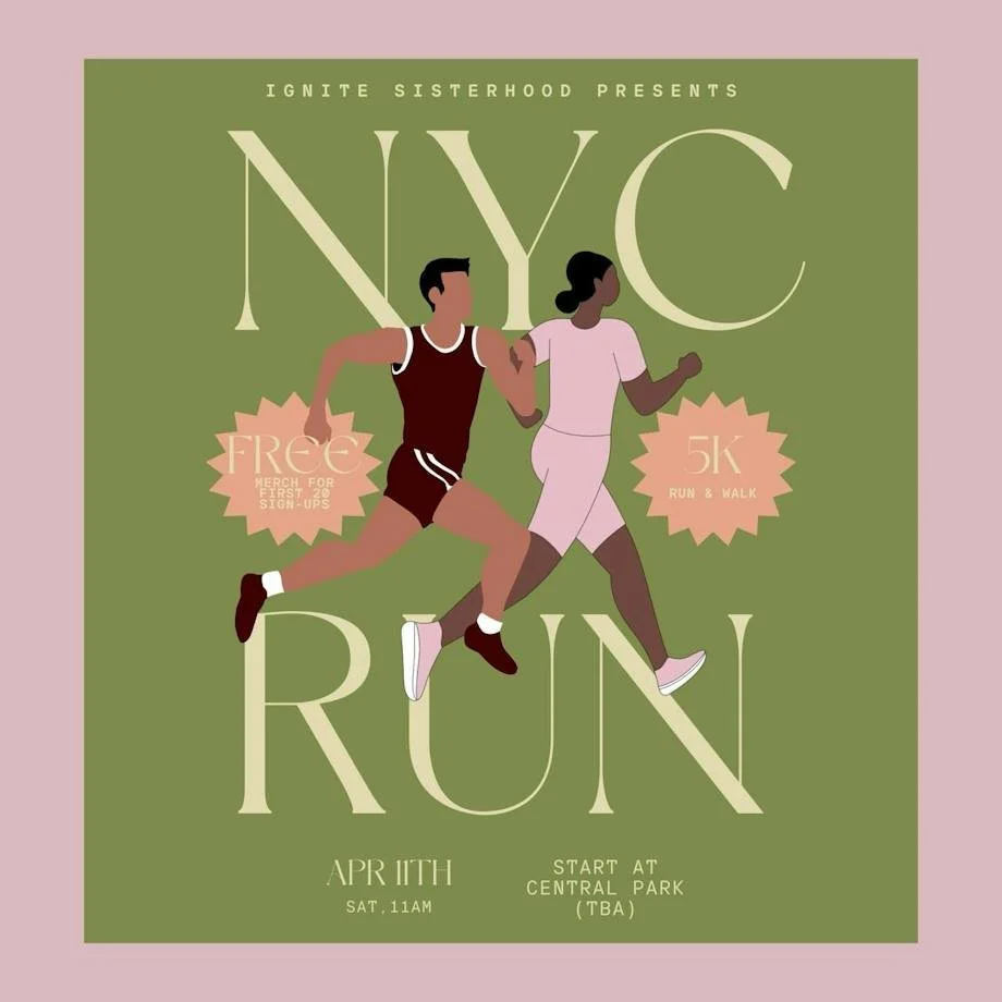 Illustration of two people running, one male and one female, promoting a NYC run event with free merchandise and a 5K run and walk, scheduled for April 11th at Central Park.