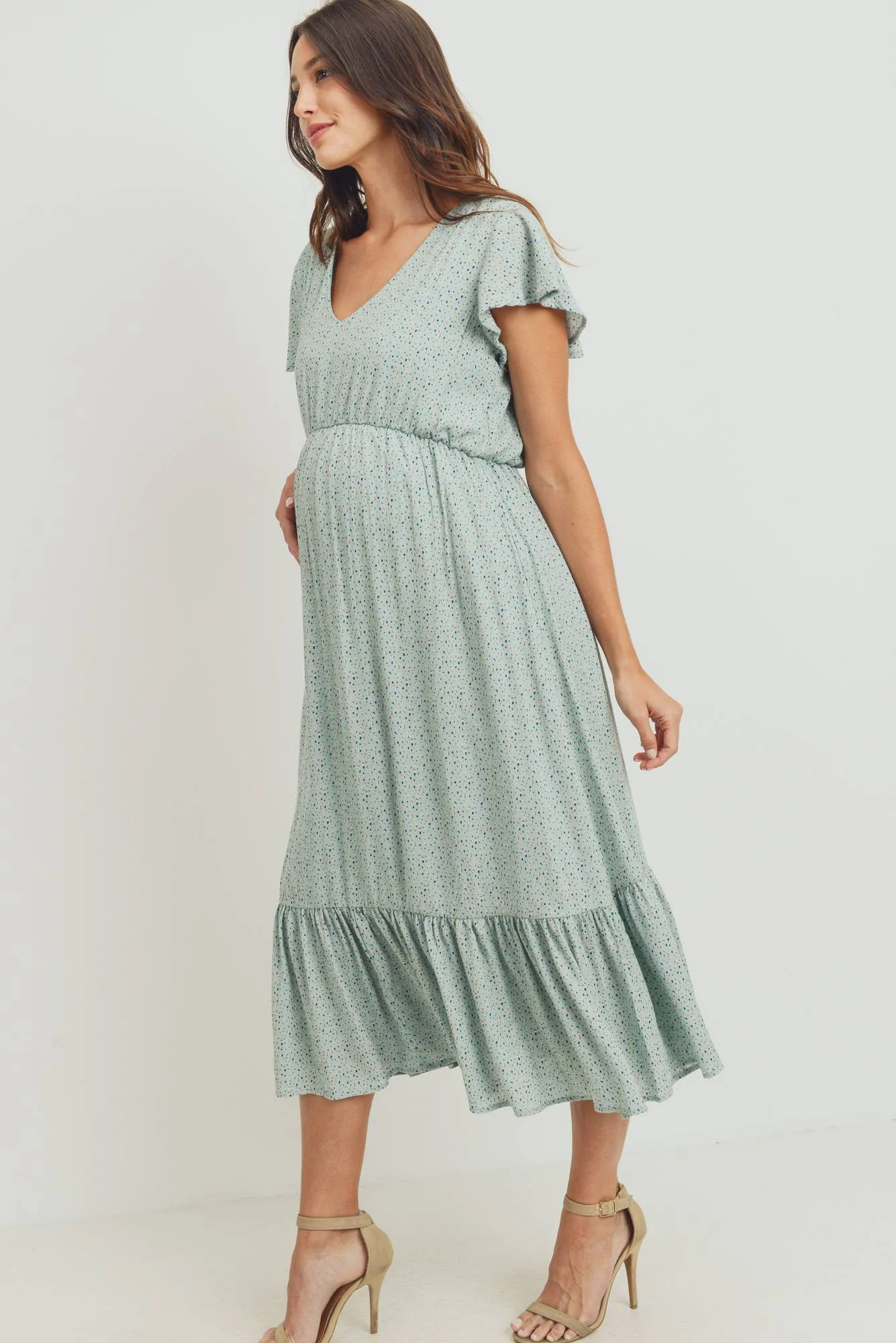 Flutter Sleeve V-Neck Maternity Ruffle Midi Dress
