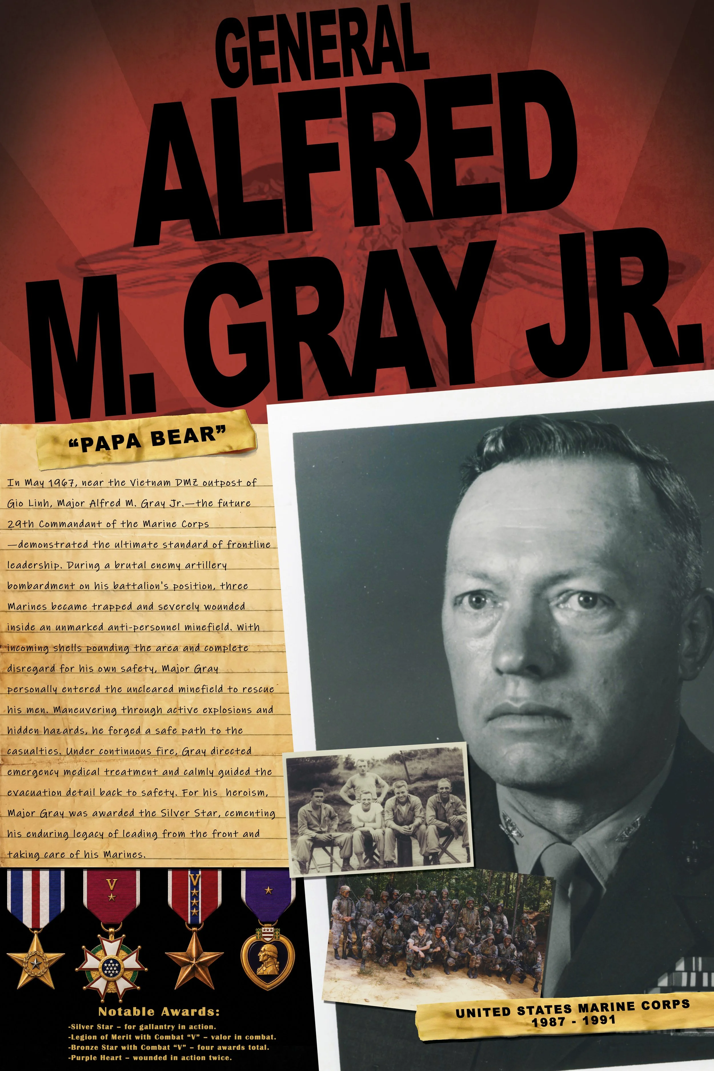 Display of military awards medals, historical photos of Marine Corps personnel, a portrait of Major Alfred M. Gray Jr., and a text panel with a biography of his actions during the Vietnam War, emphasizing his leadership, heroism, and awards in the United States Marine Corps from 1987 to 1991.