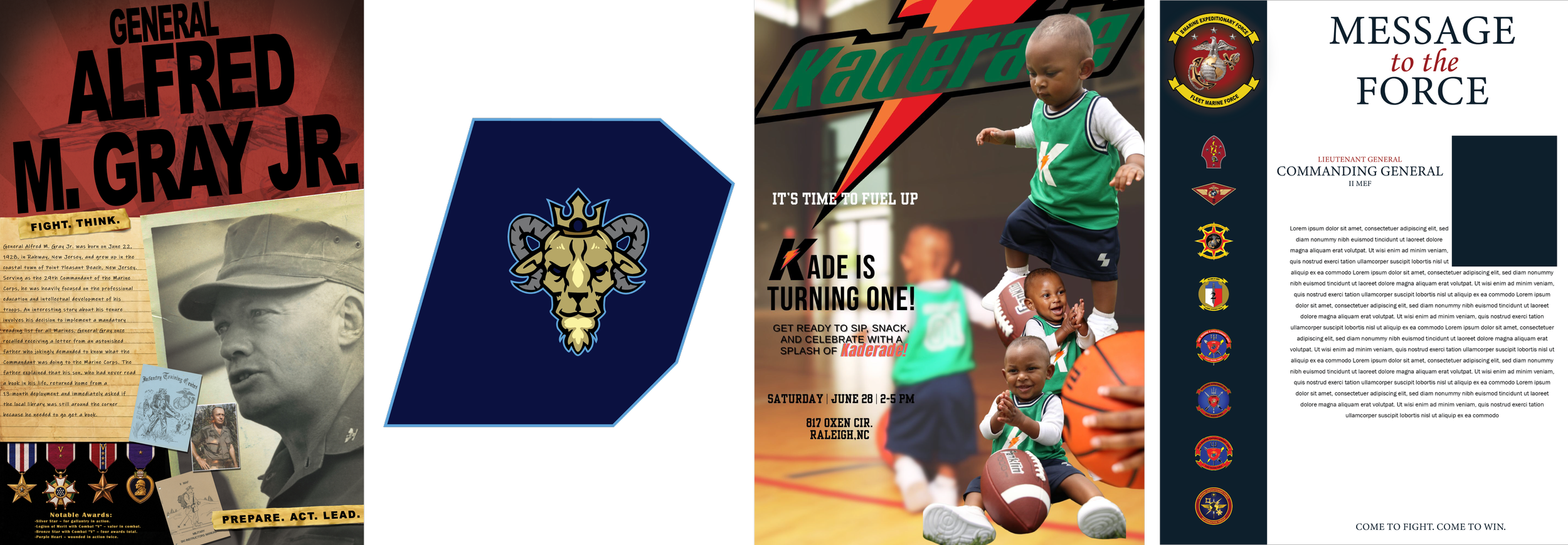 A colorful flyer promoting a children’s basketball event featuring young kids in basketball uniforms, some holding basketballs, and one jumping with a basketball. The flyer has vibrant graphics, with a logo of a lion's head, and mentions the event details: Saturday, June 28, from 2 to 5 pm, at 817 Oxen Cir., Raleigh, NC. It encourages snack and celebration, and uses energetic wording like "It's time to fuel up" and "Kade is turning one!"