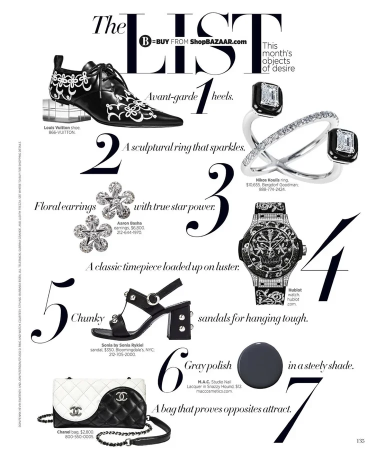 Page from a fashion magazine featuring a list of top seven desired objects: 1. Black and white Louis Vuitton shoe with embroidery, 2. Diamond ring by Nikos Koulis, 3. Floral earrings by Aaron Basha, 4. Black and silver wristwatch by Hublot, 5. Black 