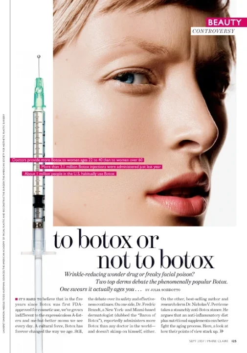 Close-up of a woman's face with fair skin, blue eyes, and pink lips, alongside a syringe filled with a clear liquid, illustrating a debate about Botox.