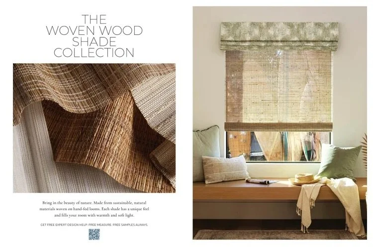 Advertisement for Woven Wood Shade Collection featuring a close-up of woven wood fabric and a living room window with a mounted woven wood shade, creating a cozy and natural ambiance.