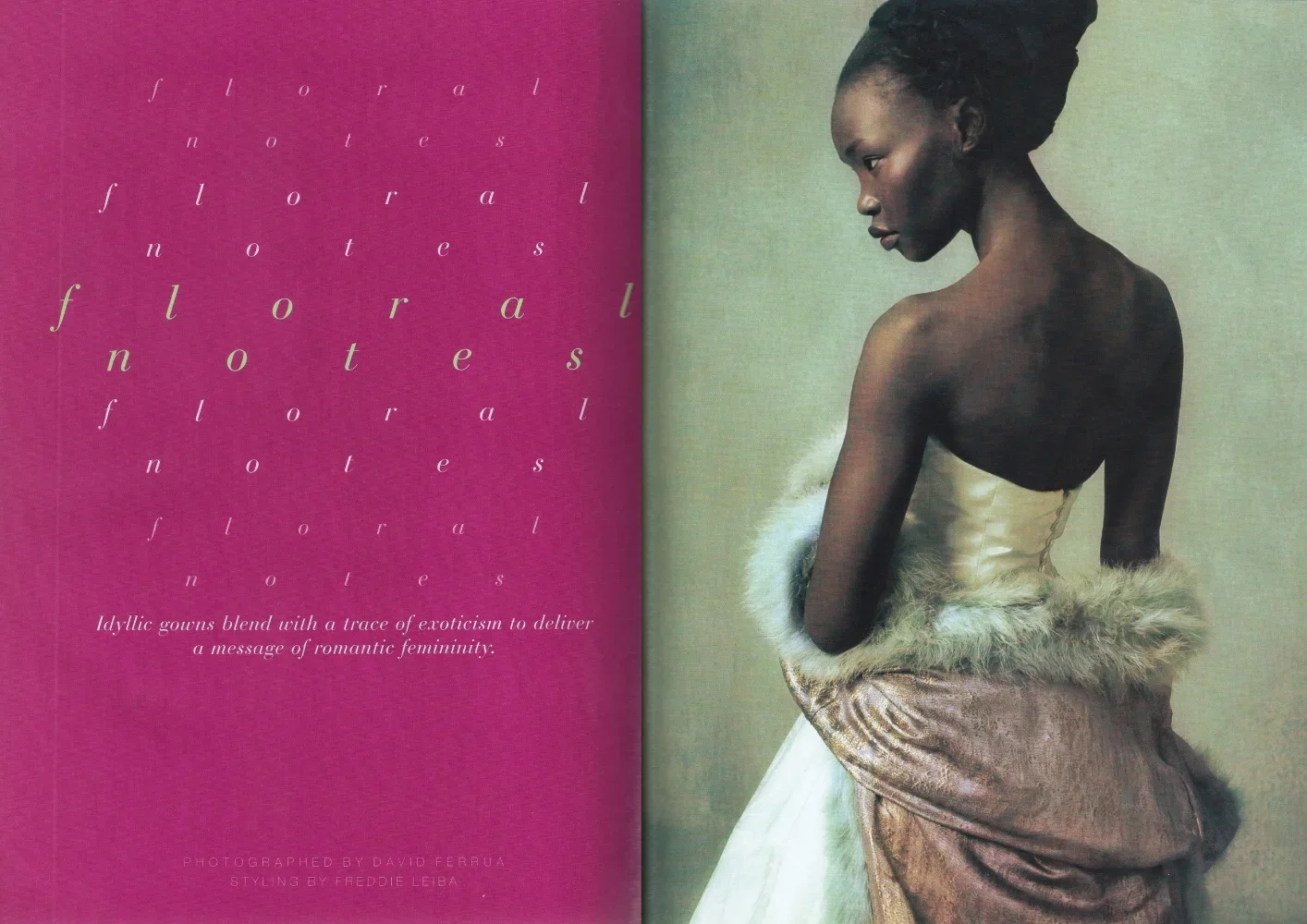 A woman wearing a satin gown with a fur trim sits in profile against a green background, with pink text on the left side describing floral notés and romantic femininity.