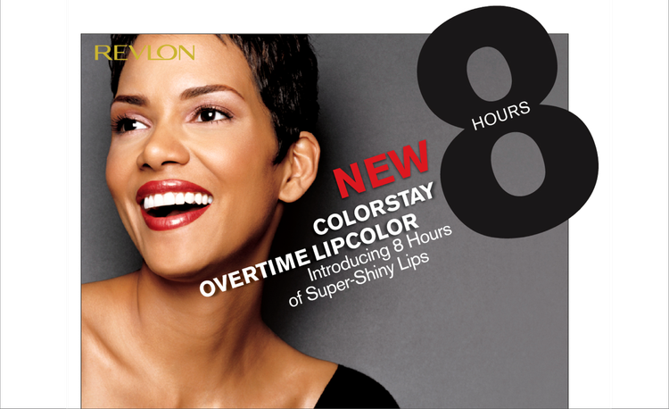A smiling woman with short dark hair and red lipstick, promoting Revlon ColorStay Lipcolor with 8 hours of super-shiny lips.
