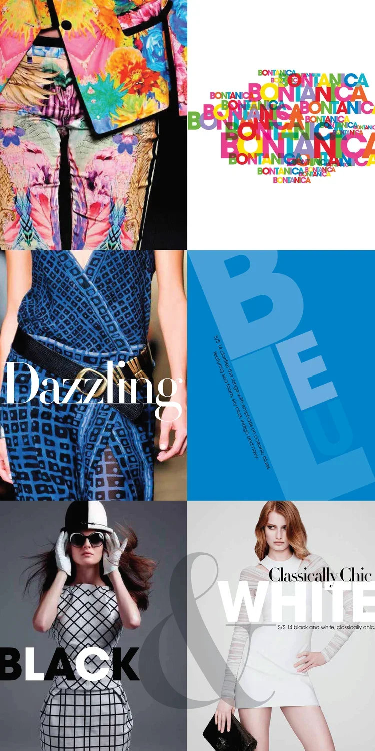 A collage of fashion images including colorful clothing with floral and geometric patterns, bold text overlays describing fashion styles such as "Dazzling", "Black", and "White", and a model in a black and white checkered dress wearing sunglasses and