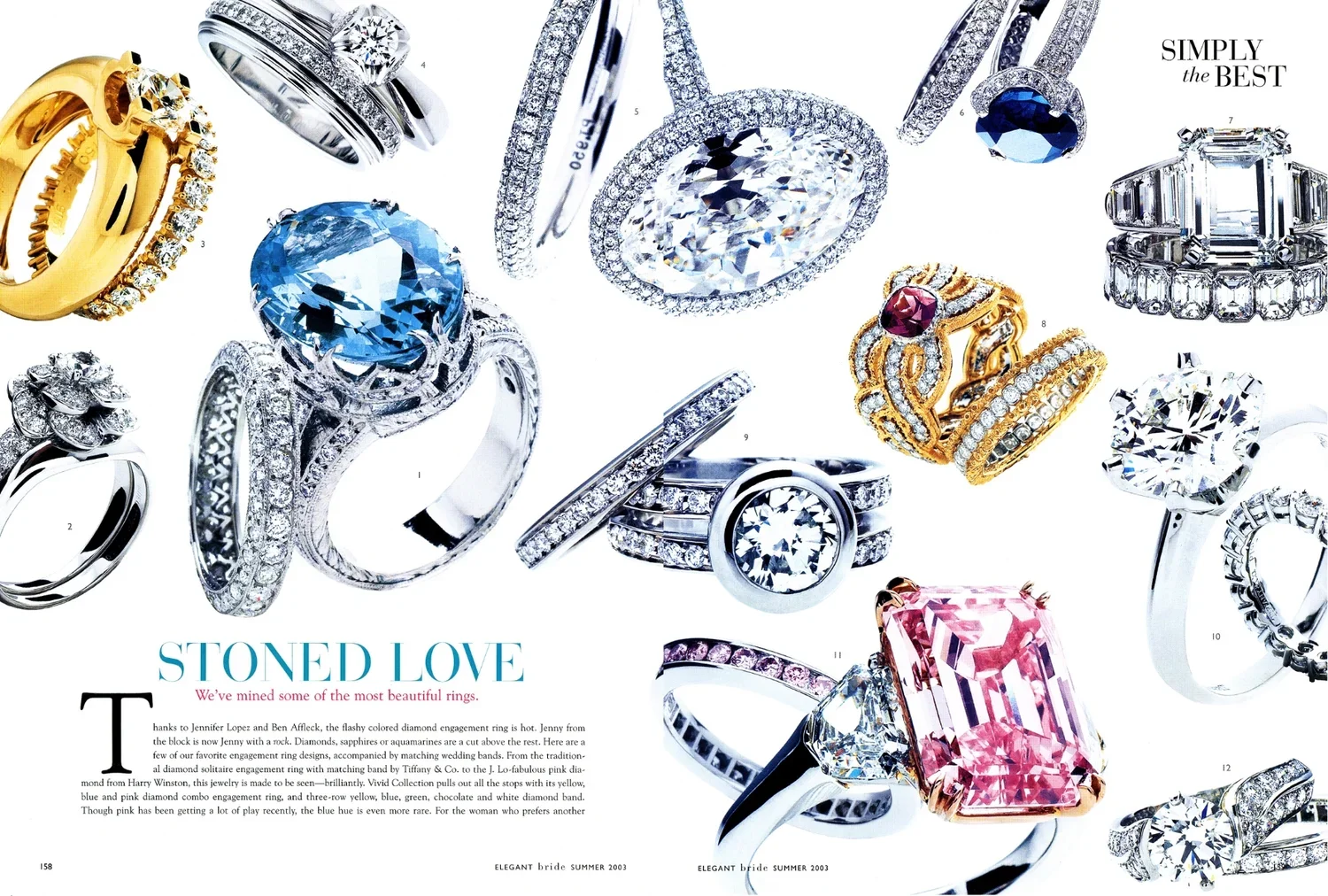 Various diamond and gemstone rings displayed on a white background, including gold, silver, and platinum bands with different cuts and colors of diamonds and sapphires.