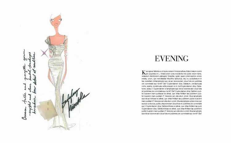 Fashion illustration of an evening gown worn by a woman with white hair, holding a beige clutch, with handwritten notes and signature.