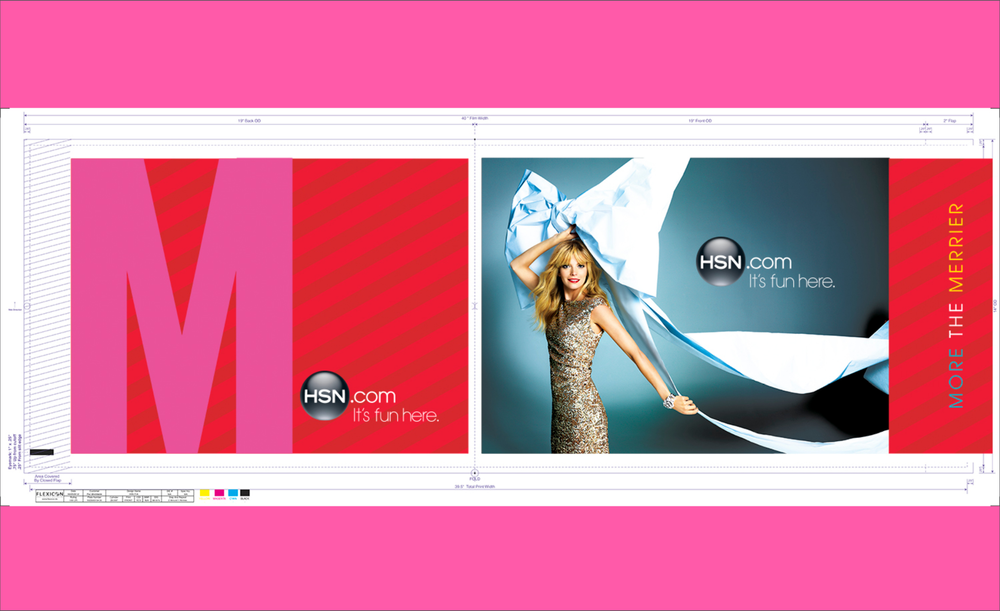A digital print layout for HSN.com advertisement, featuring a woman in a shimmering dress holding a large piece of white fabric, with the slogan "It's fun here." and the tagline "More the merrier" on a side strip.