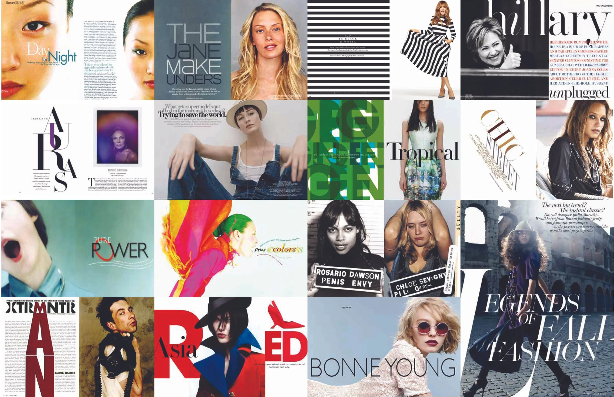 Collage of magazine covers featuring fashion models, celebrities, and fashion headlines, including titles like 'Day for Night,' 'The Jane Make Unders,' 'Unplugged,' 'Legends of Fashion,' and images of women in various stylish outfits and poses.
