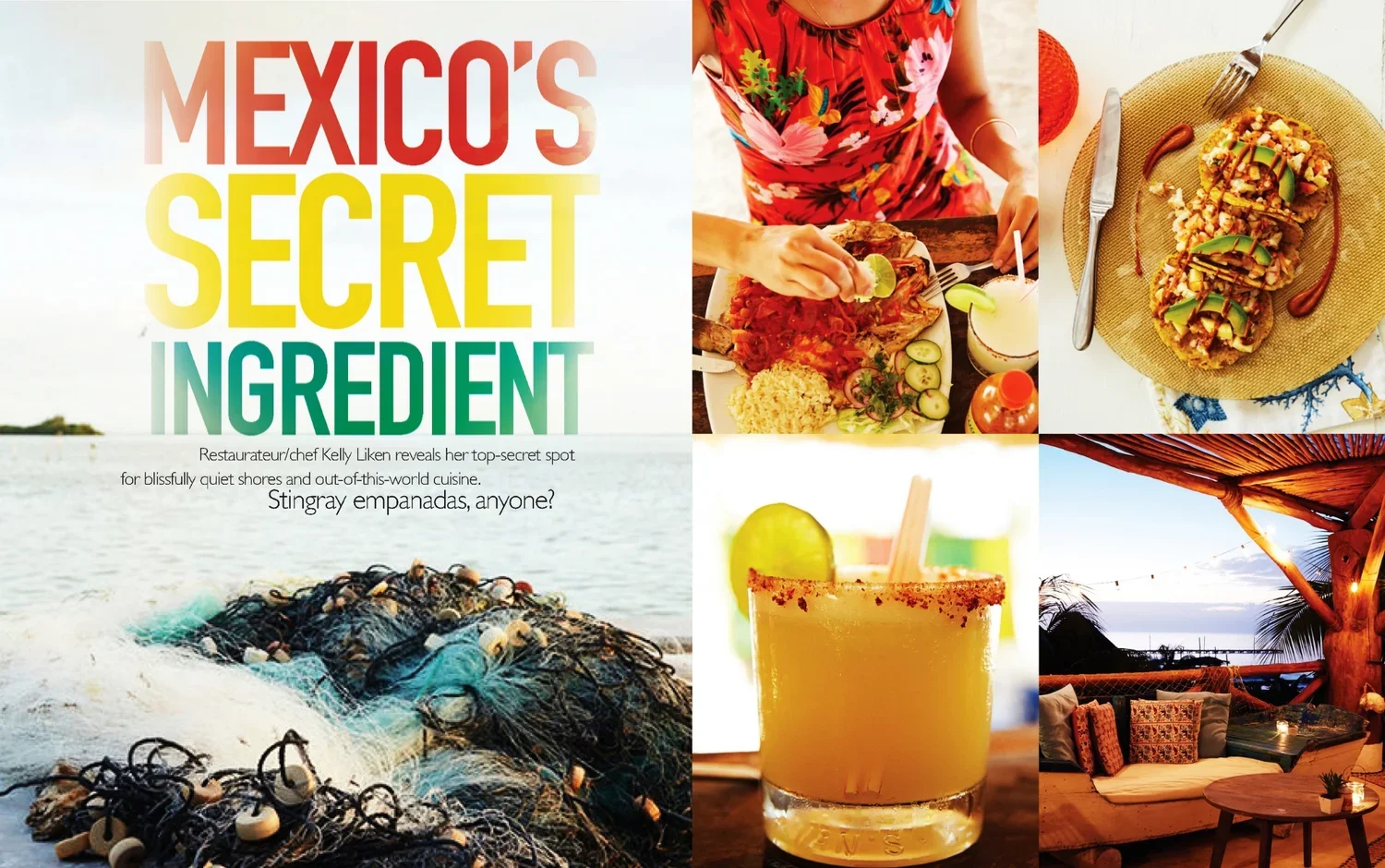 A collage of images representing Mexican culture, including a beach with seashells and fishing nets, a woman preparing food, a plate of Mexican tacos, a cocktail drink, and a cozy beachside lounge area at sunset.