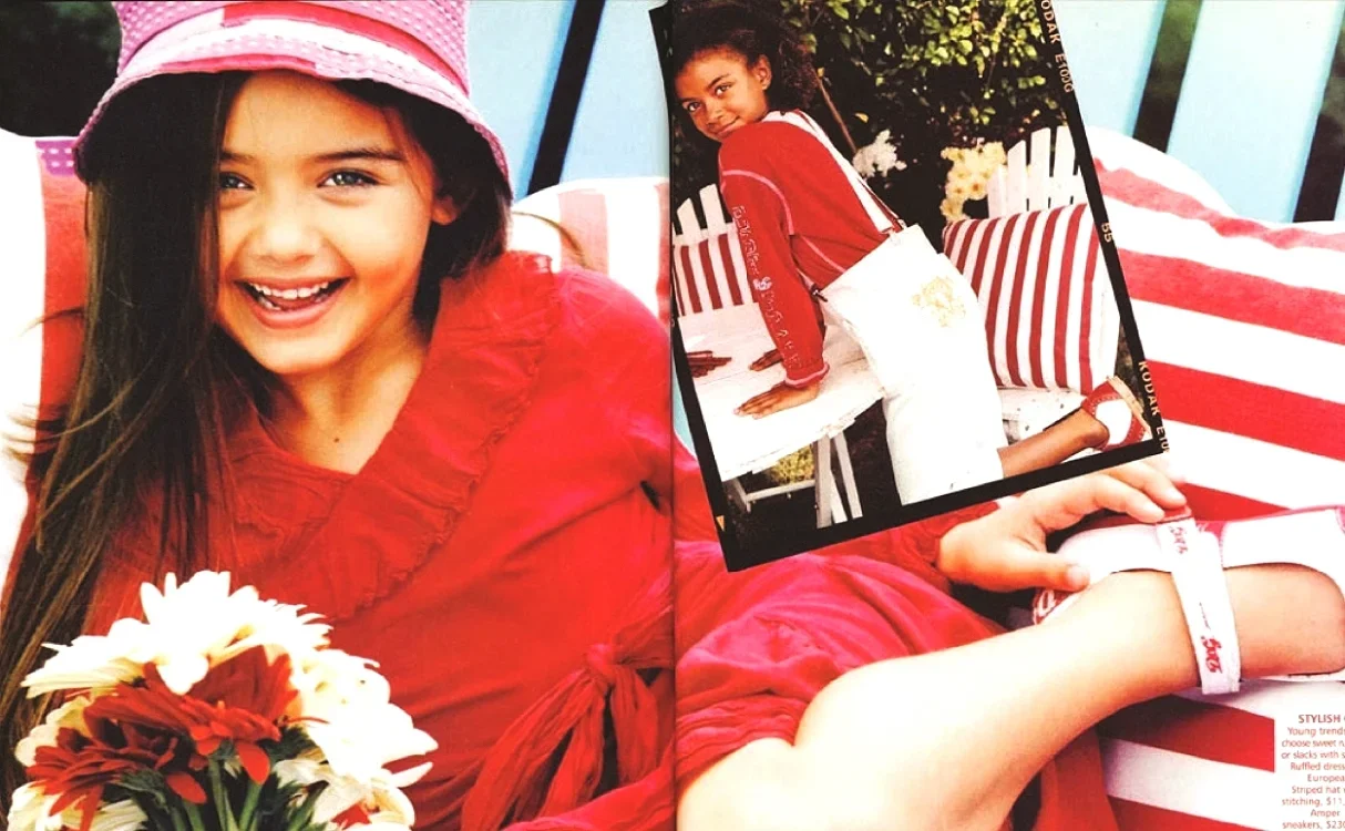 Two photos of a young girl dressed in red, with long dark hair. In the first photo, she is smiling and holding a bouquet of white and red flowers. In the second photo, she is leaning on a white table outdoors, wearing a red top, and inside or on a ma