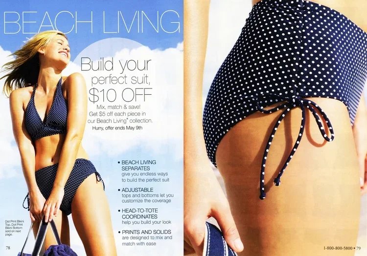 A woman in a blue polka dot bikini on a beach, smiling and holding a towel, with promotional text about beachwear collection and sale details.