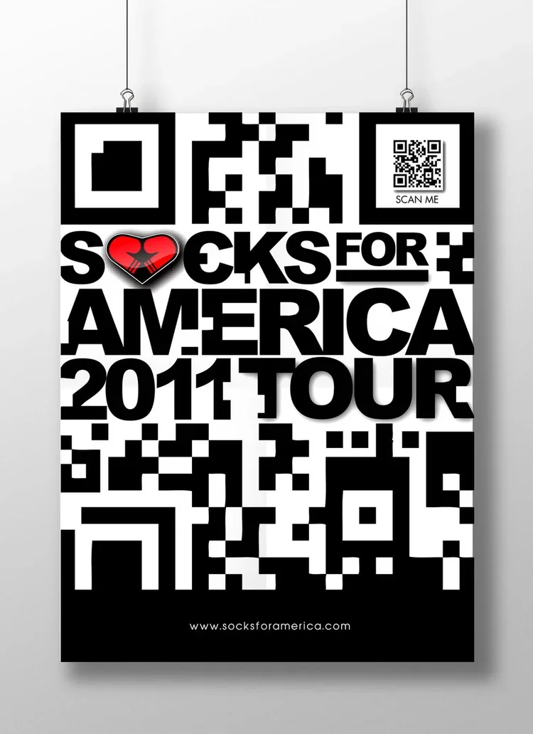 Poster with text 'Socks for America 2011 Tour' and a red heart with a black sock inside, featuring a QR code and a website link for Socks for America.