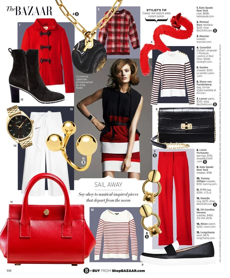 A collage of fashion items and accessories from Harper's Bazaar, featuring a red coat, black suede ankle boots, a gold watch and earrings, a red handbag, red wide-leg pants, a striped long-sleeve sweater, a necklace, a sweater with a red and white pa
