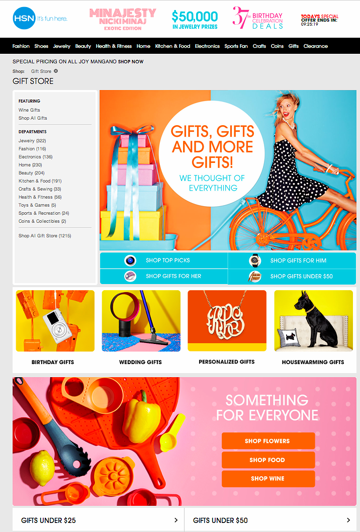 An online gift store homepage displaying various categories of gifts such as birthday, wedding, personalized, and housewarming gifts. Featured are options to shop for top picks, gifts for him and her, and gifts under $50. The page also highlights sea