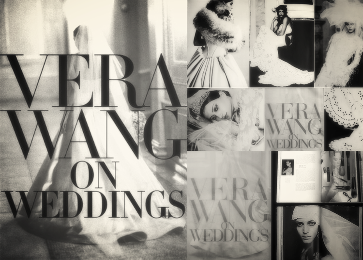 Book or magazine pages featuring pictures and text related to Vera Wang weddings, including wedding dresses and a model.