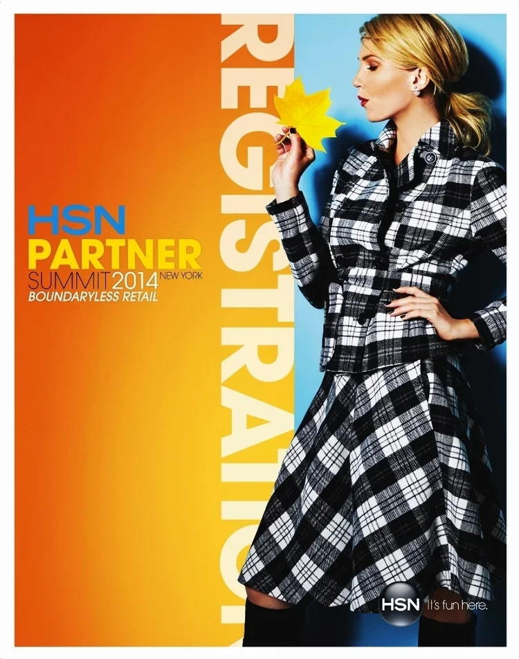 A woman in a black and white plaid coat and skirt holding a yellow maple leaf, standing next to a colorful background with bold white text that reads 'REGISTRATION'. The left side has an orange gradient background with blue and yellow text for HSN Pa