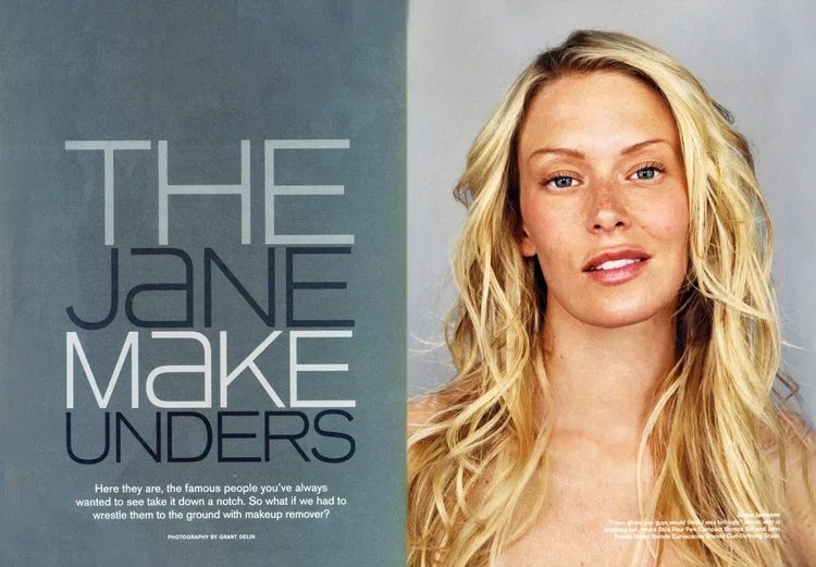 Magazine cover featuring a woman with long blonde hair and blue eyes, with text that reads 'The Jane Make Unders' and a subtitle about makeup removal.