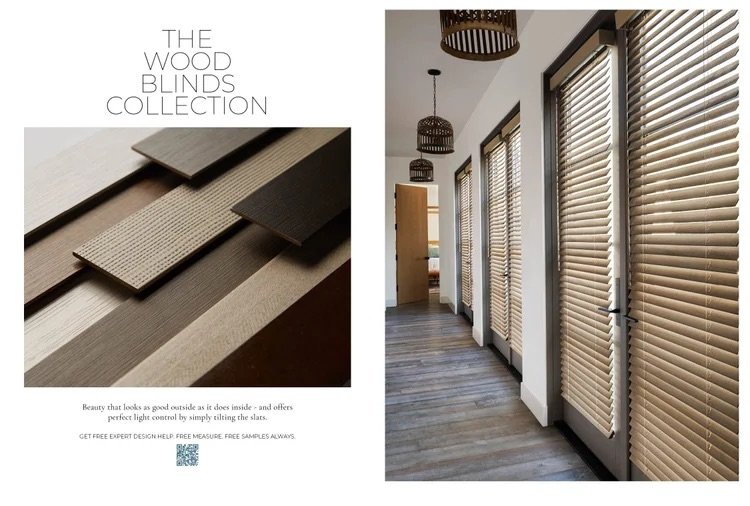 Posters display various wood blinds samples and an interior hallway with multiple closed doors fitted with beige wood blinds in a modern home or showroom.