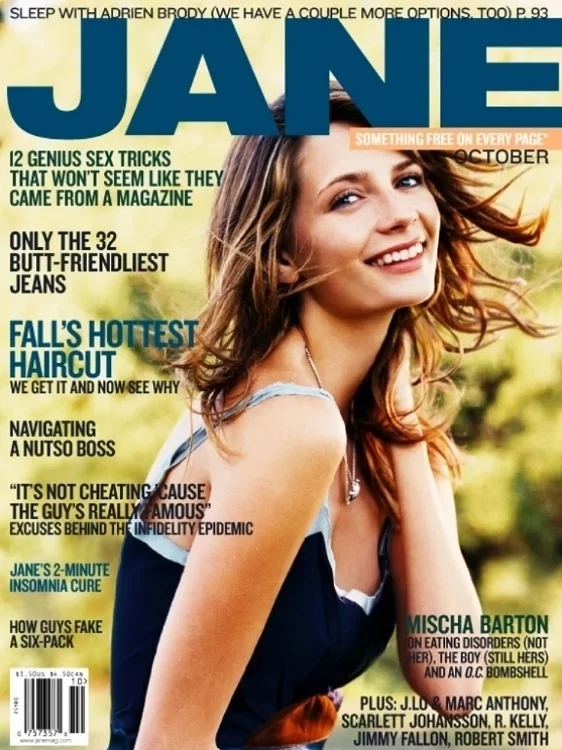 Cover of Jane magazine featuring a woman with shoulder-length hair smiling outdoors, surrounded by magazine headlines about beauty, relationships, and health.