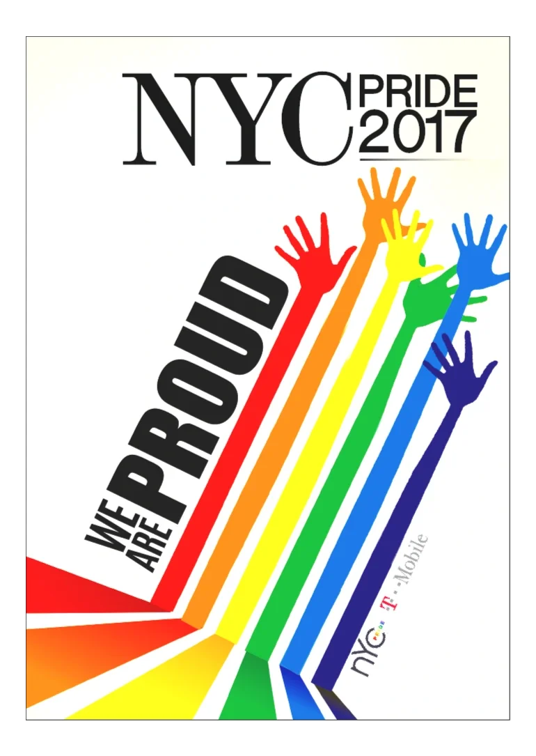 NYC Pride 2017 poster with rainbow-colored hands reaching upward and the slogan "We Are Proud".
