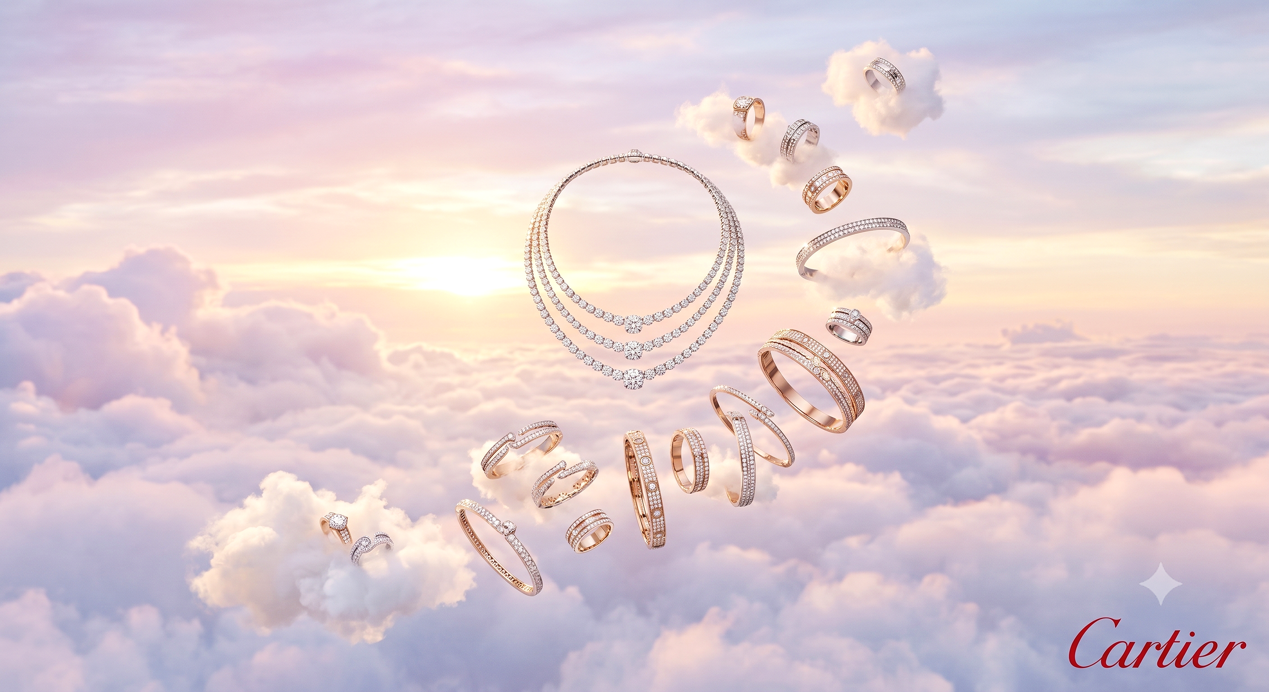 Jewelry, including rings, necklaces, and bracelets, floating among clouds in the sky with sunlight.