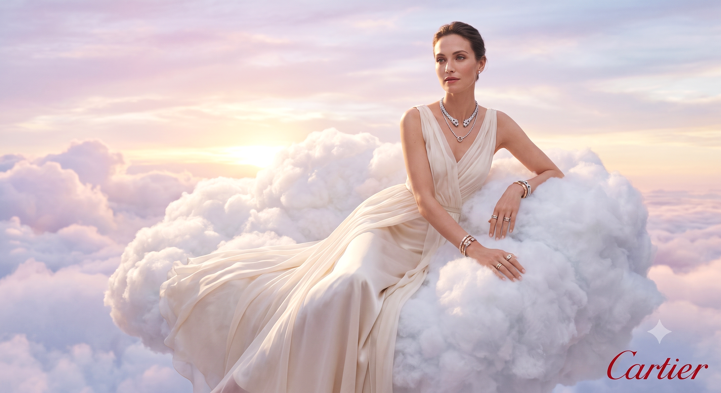 A woman in a white dress sitting on fluffy clouds against a pastel-colored sky with the sun setting.