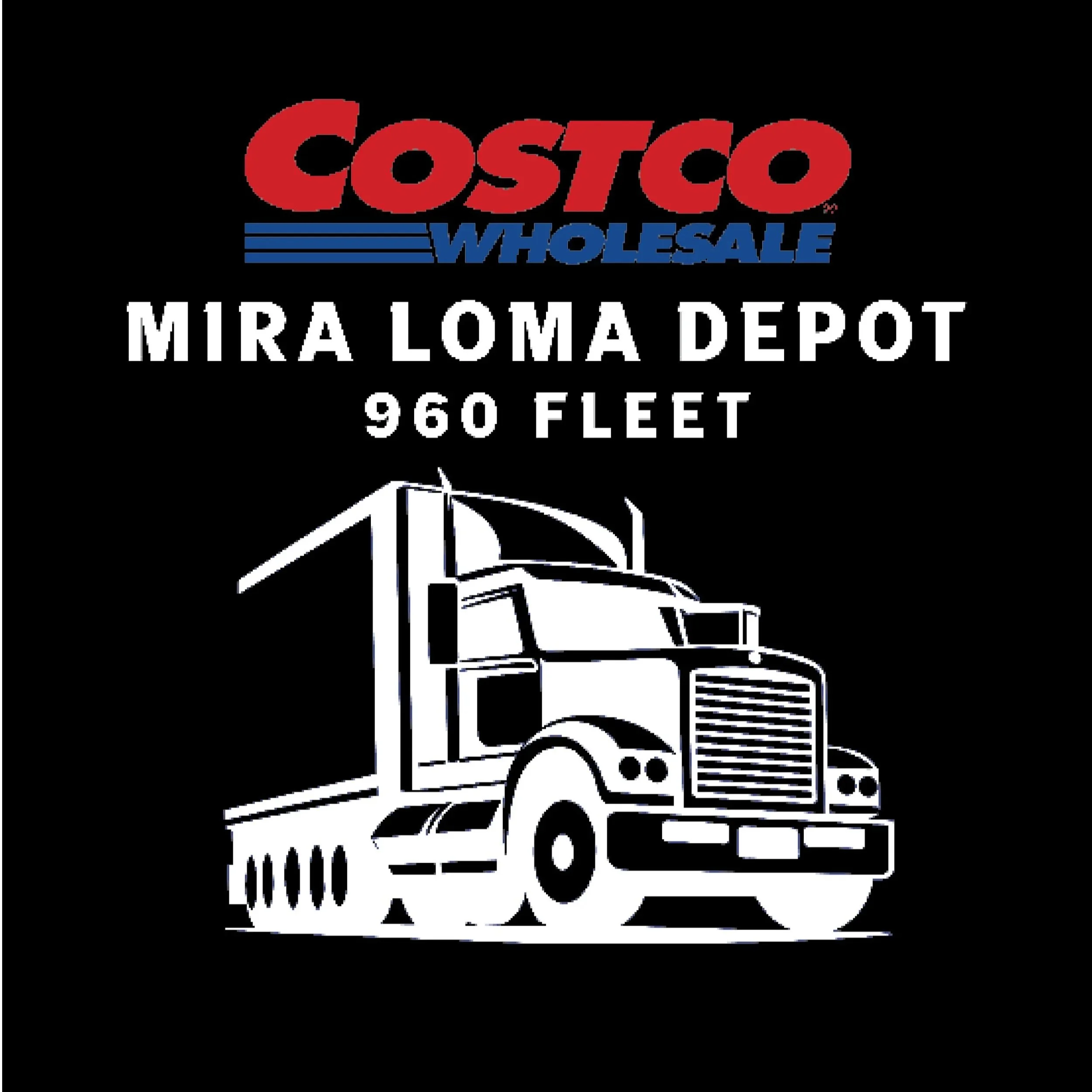 Costco Wholesale Mira Loma Depot 960 Fleet warehouse logo on a black background, featuring a partially visible truck illustration.