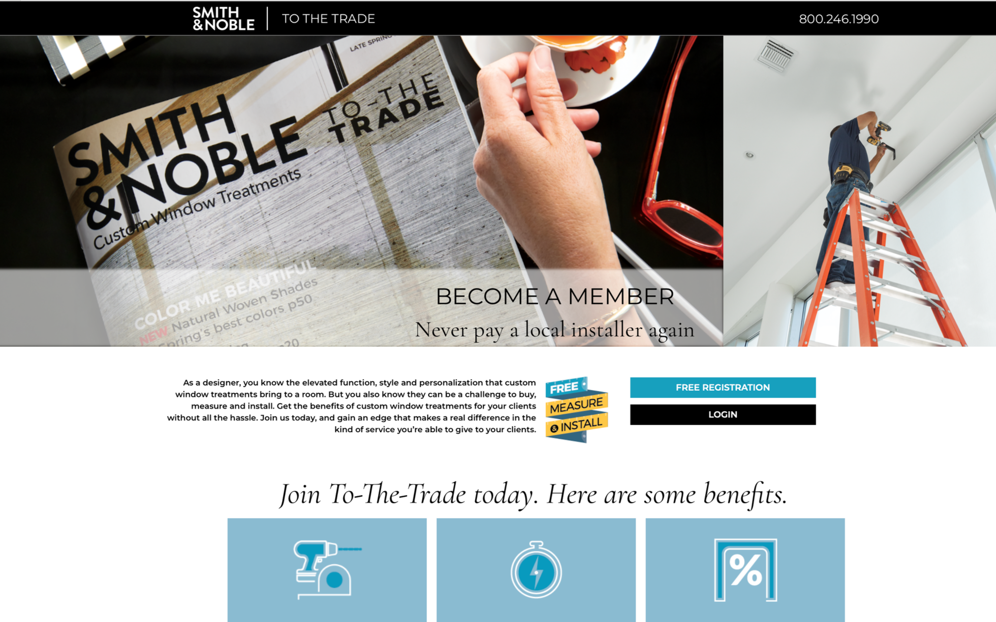 Screenshot of a website homepage for Smith & Noble, a company specializing in custom window treatments. The page features an image of a hand installing window treatments, a person on a ladder working on a ceiling, and various text sections promoting 