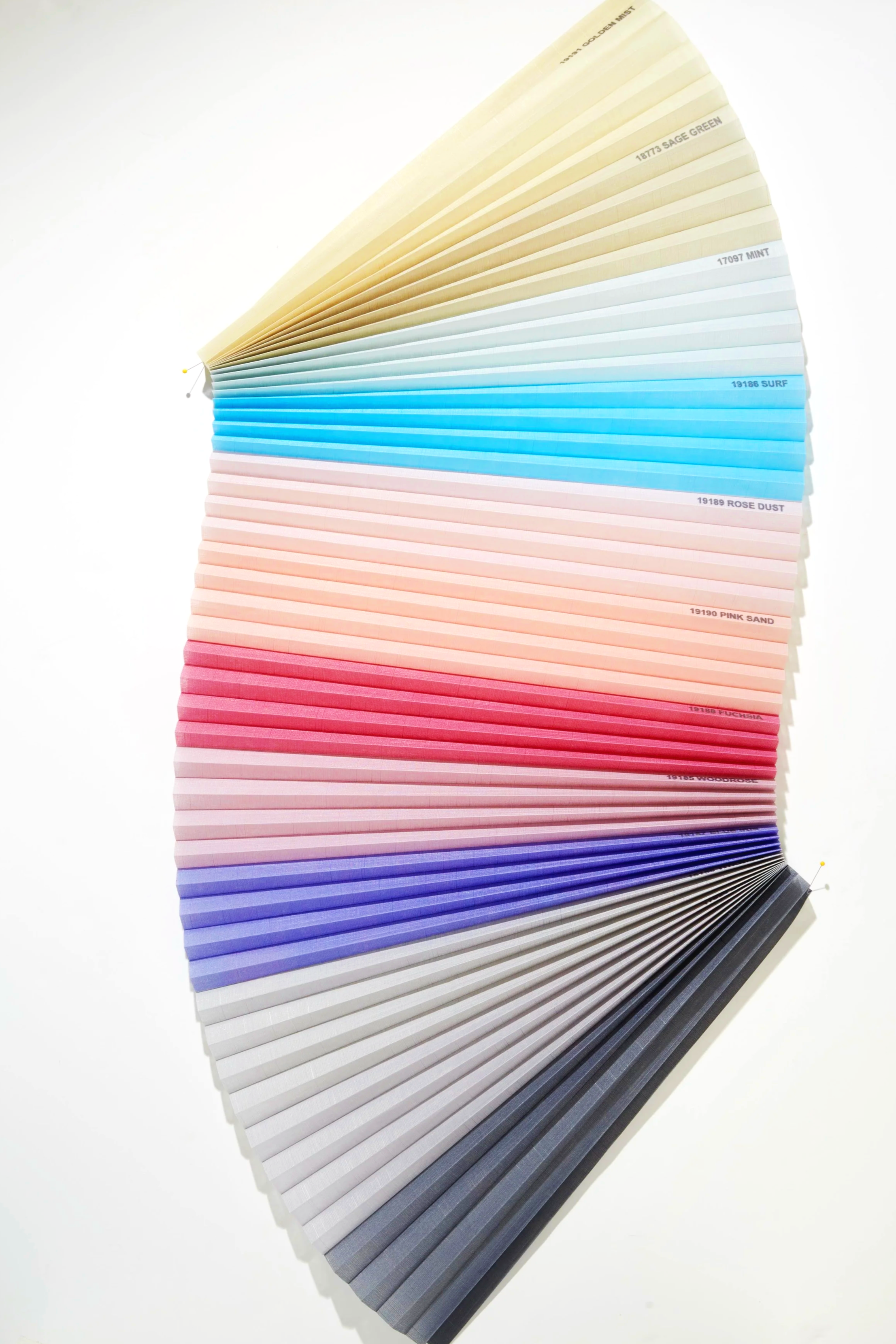 A color swatch fan deck with color strips arranged from cream to black, displaying shades including sage green, mint, surf, rose dust, pink sand, fuchsia, and woodrose.