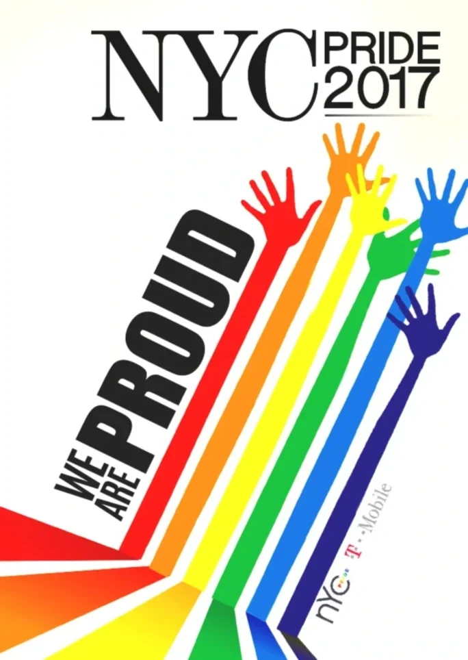 NYC Pride 2017 poster with rainbow-colored hands reaching upward and the slogan "We Are Proud".