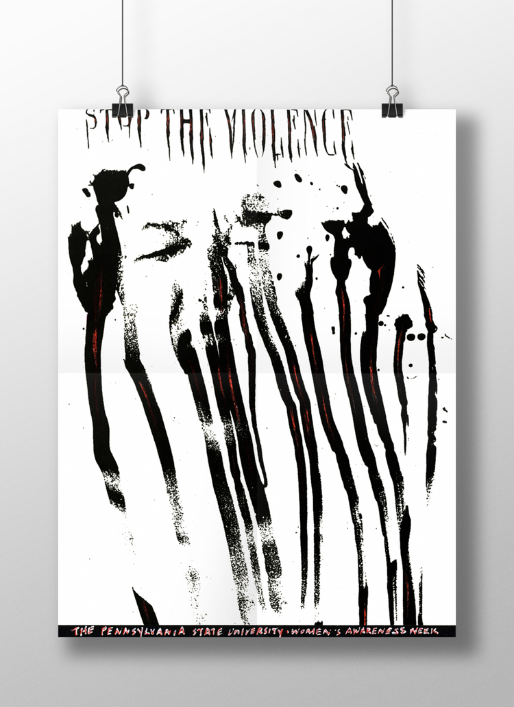 Poster with the message 'Stop the Violence' at the top, featuring a stylized, black and white image of a child's face with black and red paint drips extending downward. The bottom text reads 'The Pennsylvania State University - Women's Awareness Week
