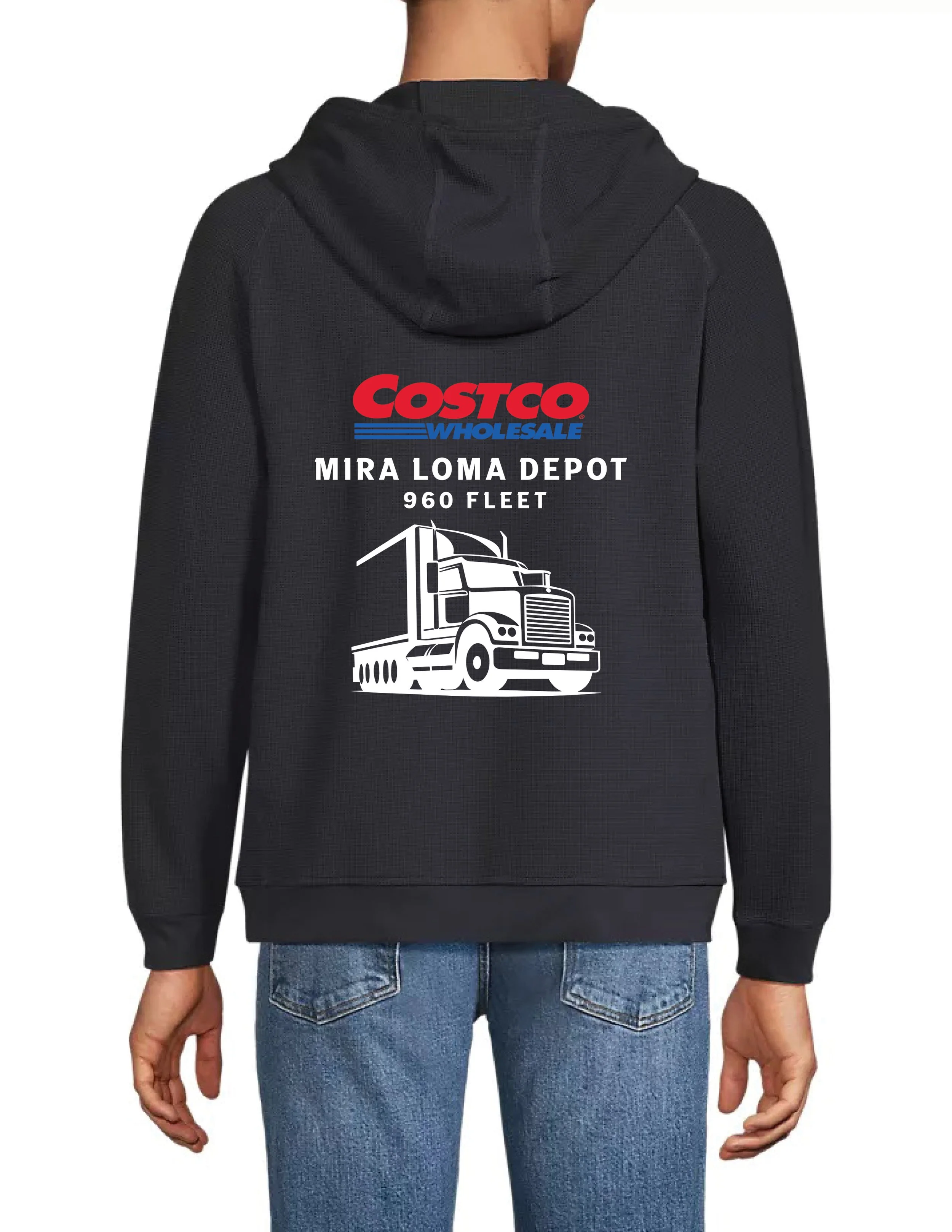 Person wearing a black hoodie with 'Costco Wholesale Mira Loma Depot 960 Fleet' logo and truck graphic, standing with back facing camera.