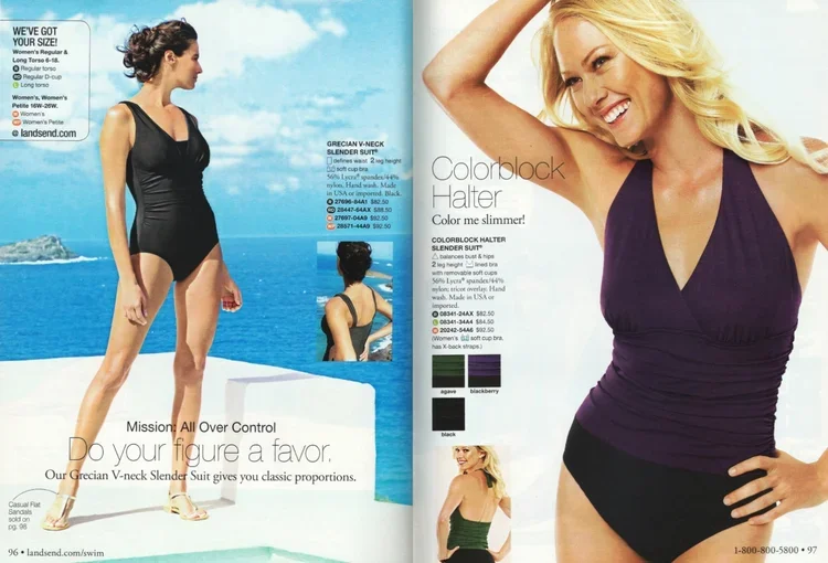 Two women modeling swimsuits near a pool and ocean, with one woman smiling in a purple swimsuit on the right, and another in a black swimsuit near water on the left, along with text about swimwear and style.