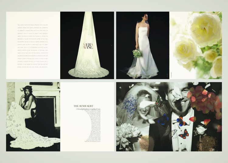 Collage of wedding-themed photos, including a wedding dress, bride holding flowers, roses, a woman in vintage attire, and a couple with butterfly overlays.